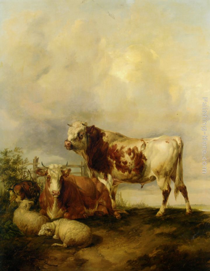A Bull and Cow with Two Sheep and Goat painting - Thomas Sidney Cooper A Bull and Cow with Two Sheep and Goat art painting